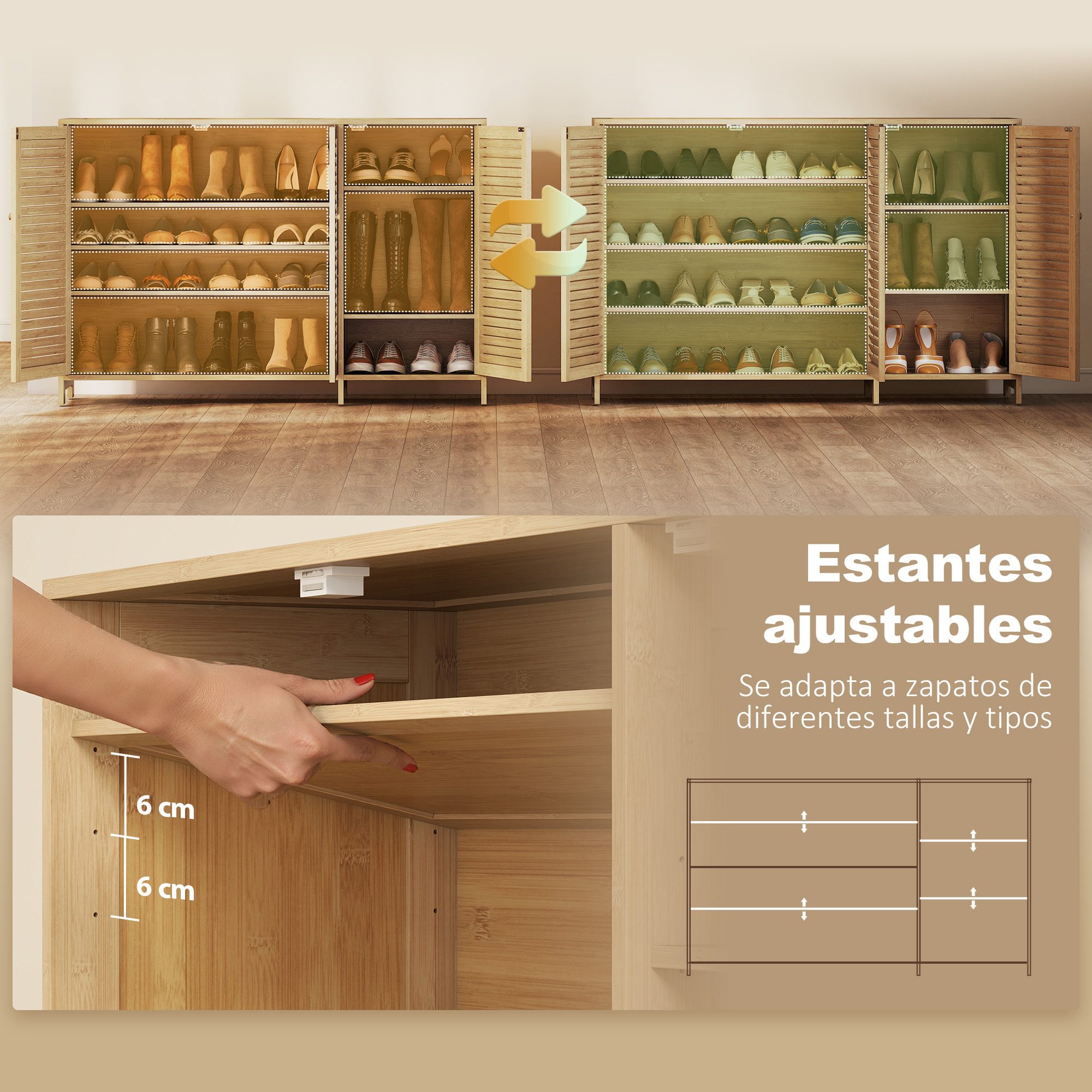 Mueble Zapatero de Bambú, Armario para Zapatos con Puertas de Persiana, Estantes Ajustables, para 14 Pares de Zapatos, Zapatero para Pasillo Recibidor, 80x35x80 cm, Natural