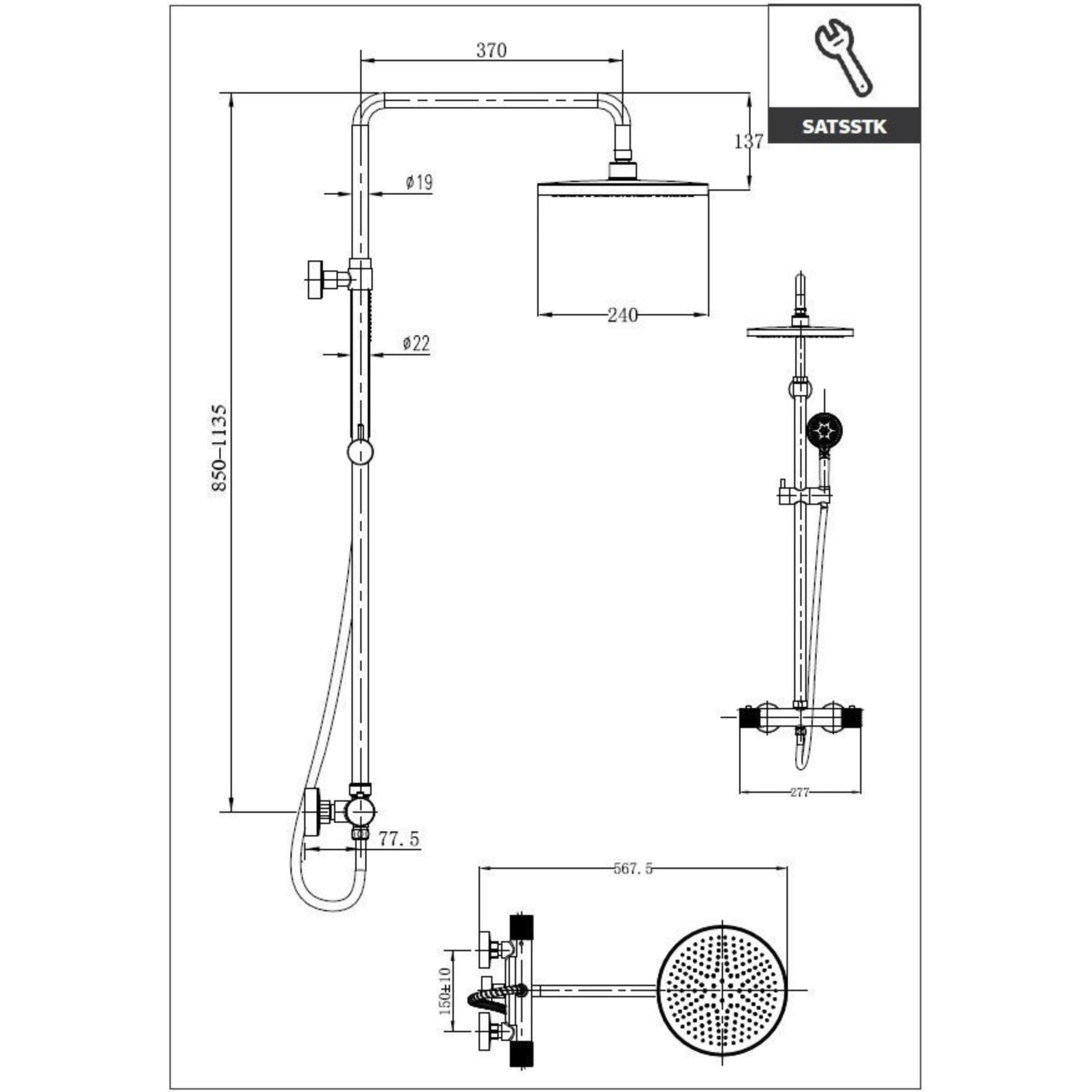 Colonne de douche XXL 240 avec mitigeur thermostatique, Douchette 3 jets, Chrome (SATSSTK)