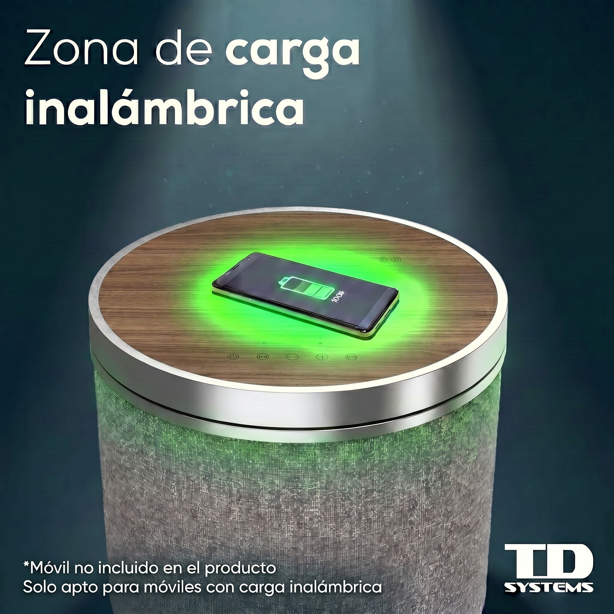Mesa auxiliar altavoz con sonido de 65W y subwoofer, Bluetooth, base de carga inalámbrica. Mesilla o mesita para dormitorio o sala de estar - TD Systems SM65B11WR [Madera roble]