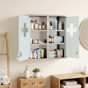 Armoire à pharmacie murale verrouillable acier inox 2 portes verre dépoli croix transparente