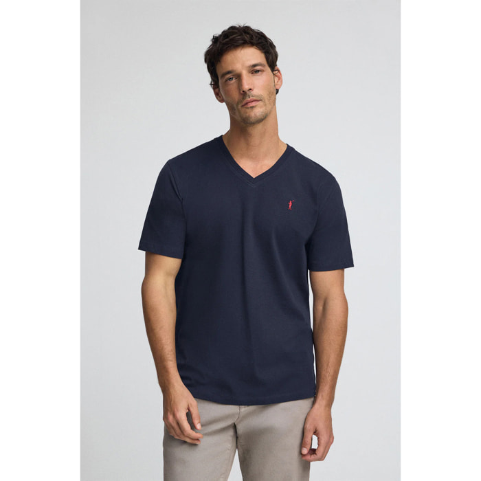 Camiseta azul marino con cuello pico y bordado Rigby Go