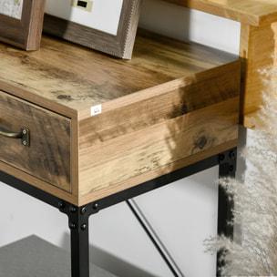 Console table d'appoint design industriel 3 tiroirs étagère acier noir panneaux particules aspect bois vieilli