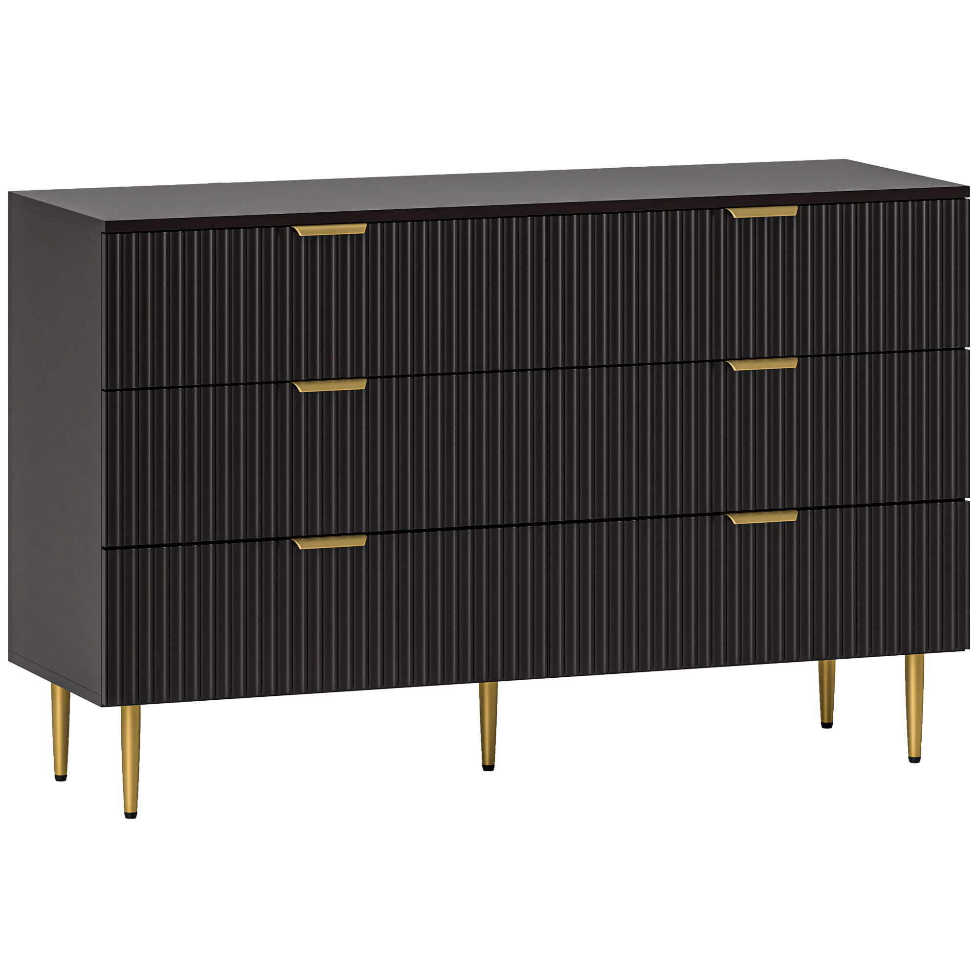 Commode 6 tiroirs design effet cannelé piètement poignées métal doré noir