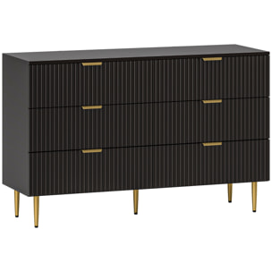 Commode 6 tiroirs design effet cannelé piètement poignées métal doré noir