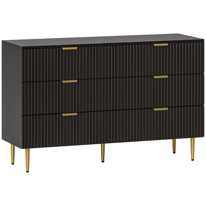 Commode 6 tiroirs design effet cannelé piètement poignées métal doré noir