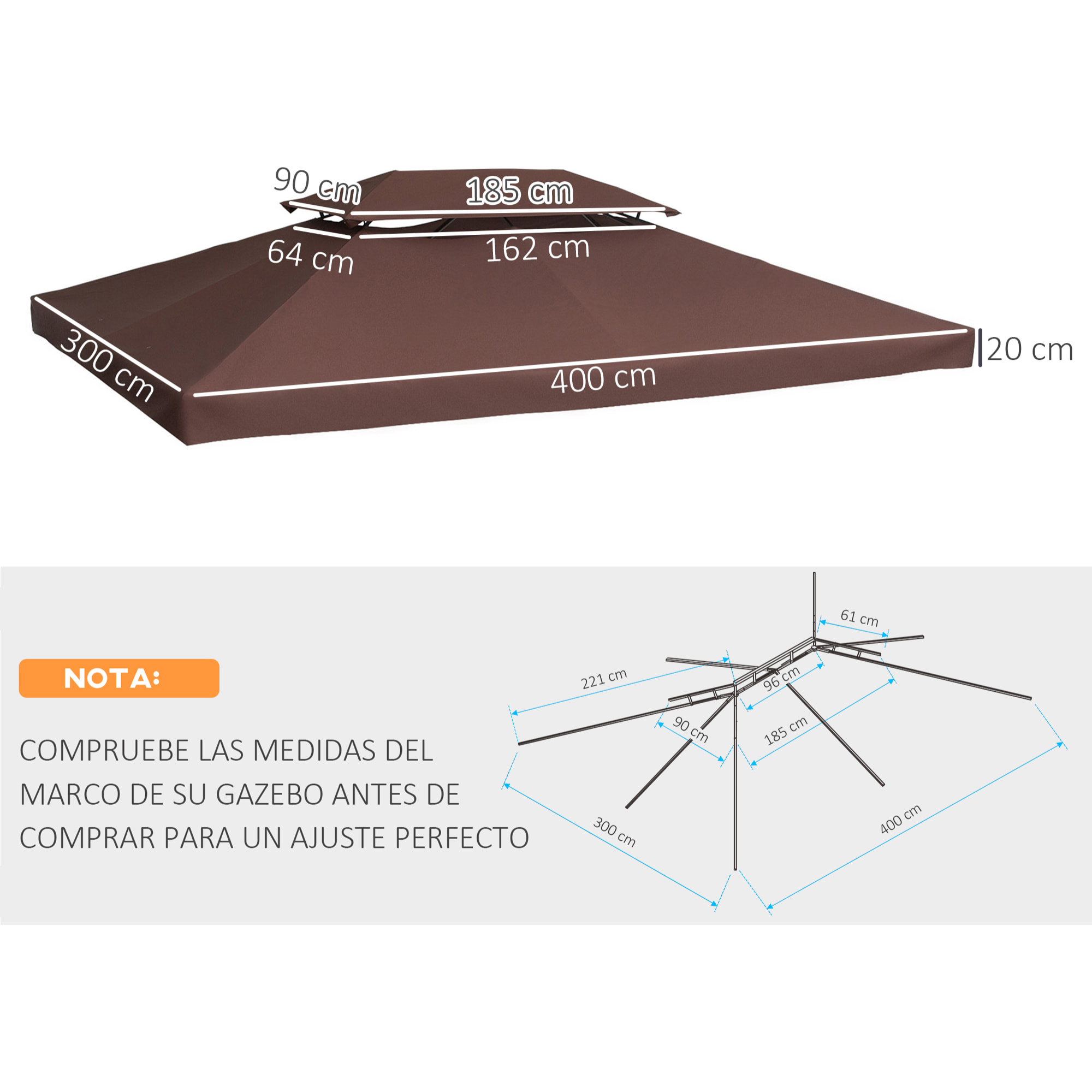 Techo Reemplazo para Carpa Pabellón de Poliéster 3x4m Café