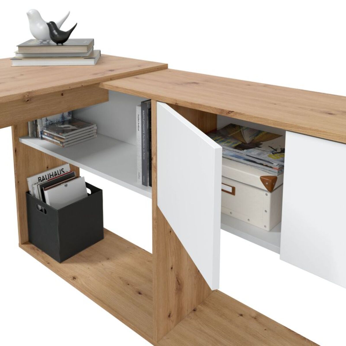 Mesa de escritorio con estantería Dess Blanco Artik (Blanco Mate) - Roble Nodi