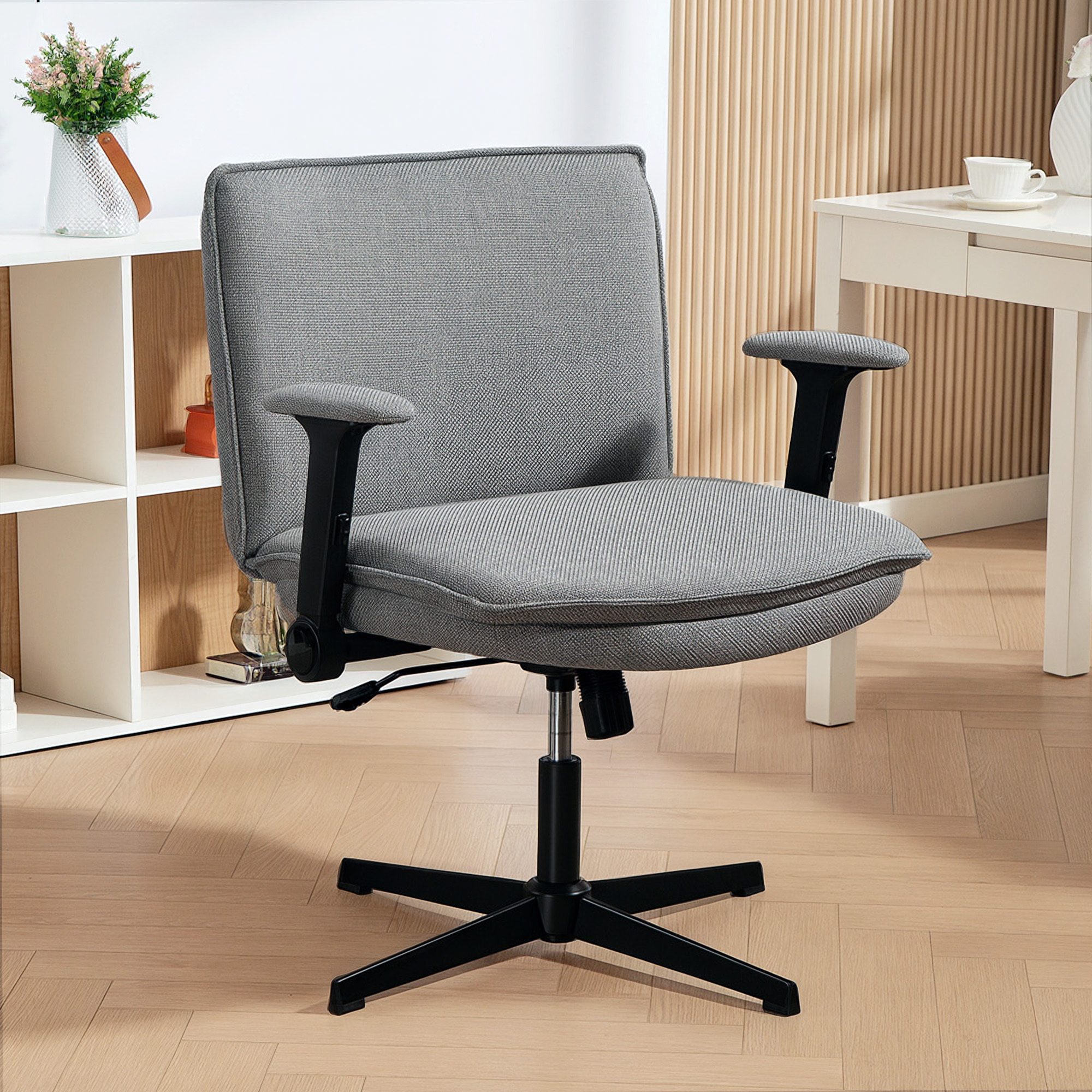 Silla de Oficina Piernas Cruzadas, Silla de Escritorio con Reposabrazos Abatible, Asiento Ancho, sin Ruedas, Altura Ajustable, Giratoria, Función Basculante, Tapizada en Lino, Gris