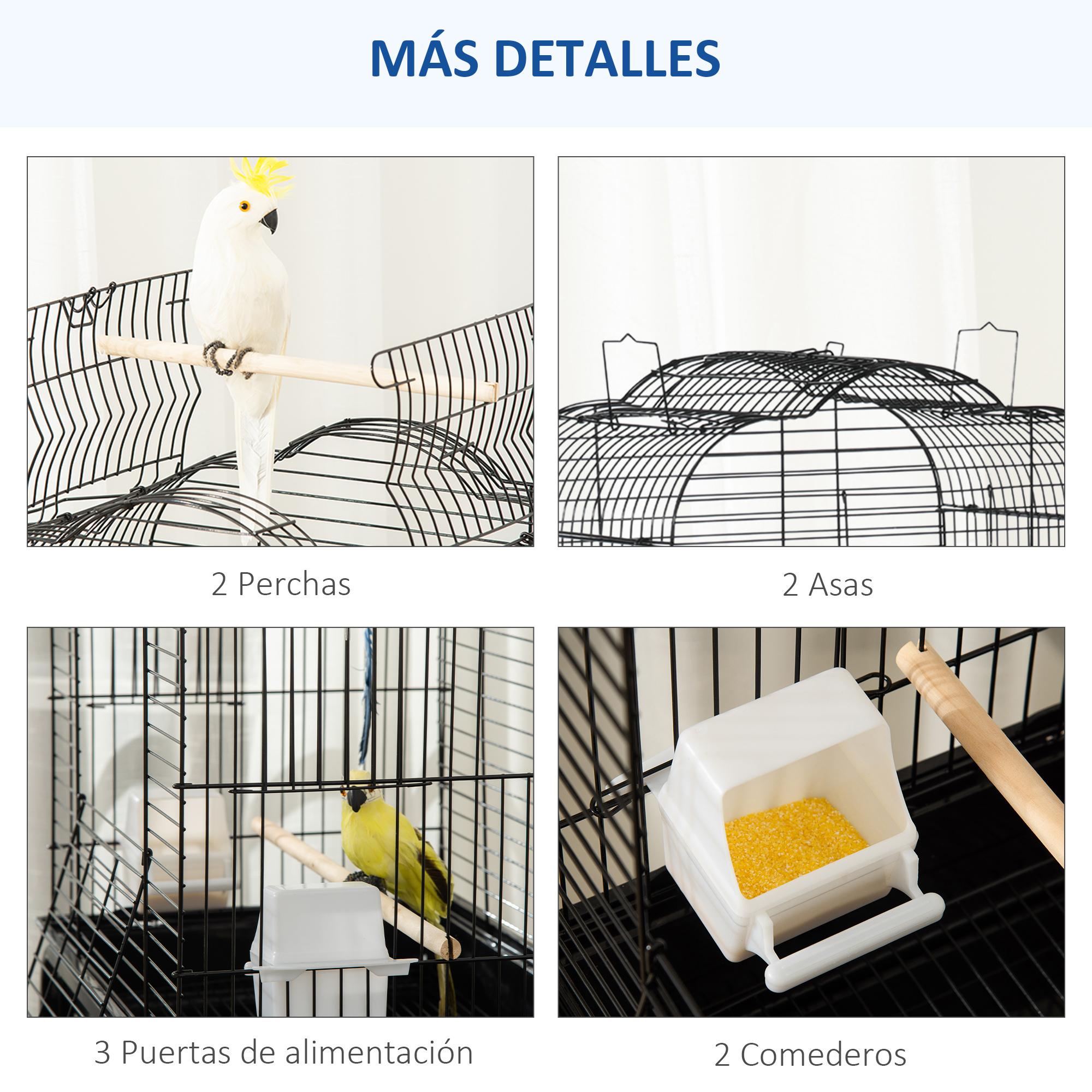 Jaula para Pájaros con Soporte Jaula de Aves Canarios con 4 Ruedas Techo Abrible 2 Comederos 3 Perchas Bandeja Extraíble y Estante Inferior 46x36x130 cm Negro