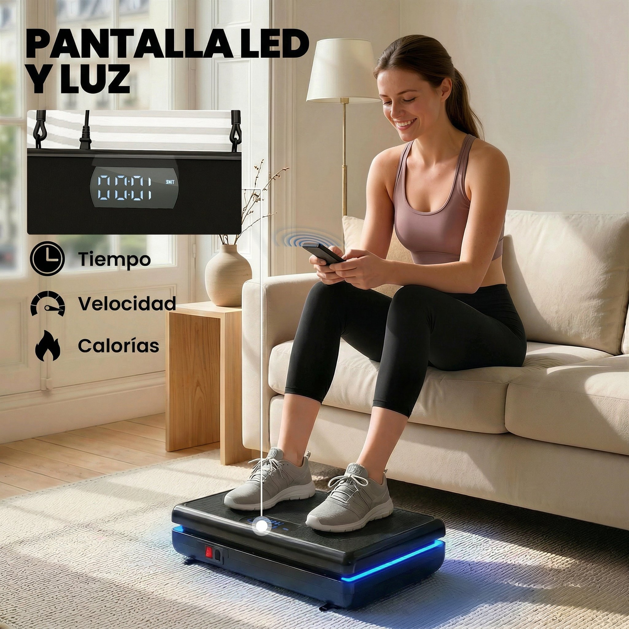 Plataforma Vibratoria, 120 Velocidades, 5 Programas, Plataforma Vibración Muscular 200W con 2 Bandas Elásticas, Pantalla LED, Luz, Mando a Distancia, Carga 120 kg para Hacer Ejercicio en Casa