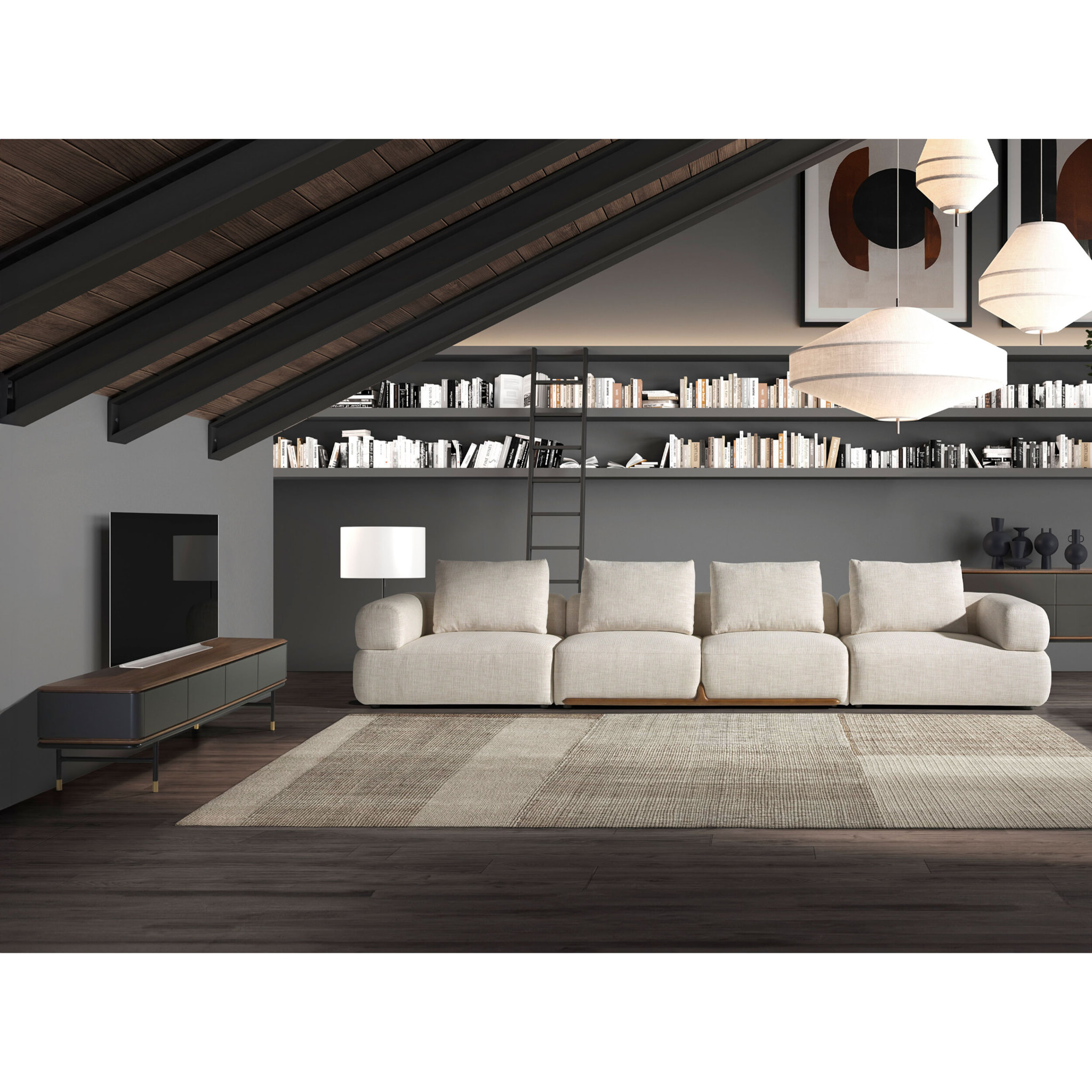 Mueble TV de madera de MDF en gris oscuro mate y patas de acero inoxidable en negro tapa de madera chapada en nogal 200x45x50cm