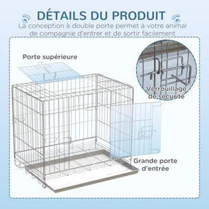 Cage pour chien pliable - plateau excrément coulissant - 2 portes verrouillable, poignée - dim. 61L x 43l x 50H cm - fer galvanisé PP blanc