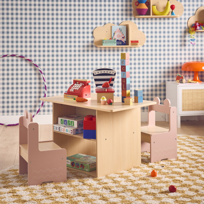 Table enfant + 2 chaises. avec étagères. rose