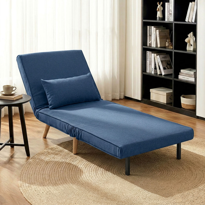 Sofá Cama Individual 3 en 1, Sillón Cama Plegable con Respaldo Ajustable en 5 Posiciones, Asiento Amplio, Almohada Acolchada, Patas de Madera, 72x75x85 cm, Azul Oscuro