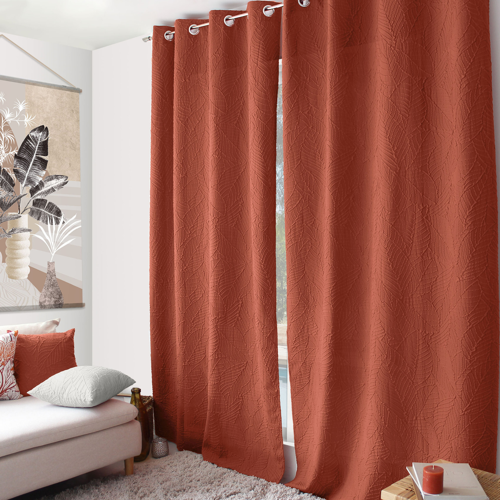Rideau à oeillets feuillage aspect gaufré - Terracotta