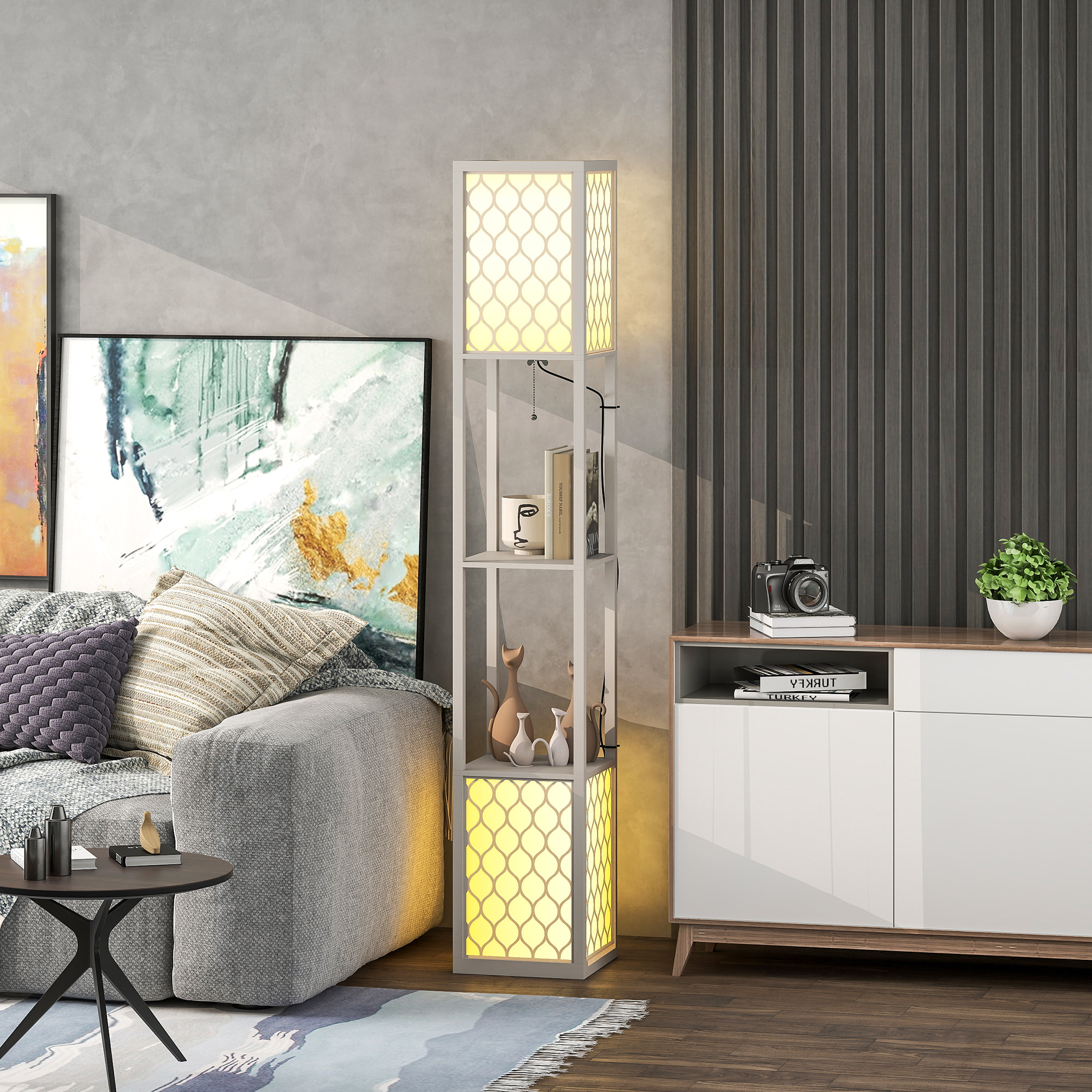 Lampadaire étagère lampe étagère dim. 26L x 26l x 156H cm 2 étagères MDF motif nid d'abeille gris clair