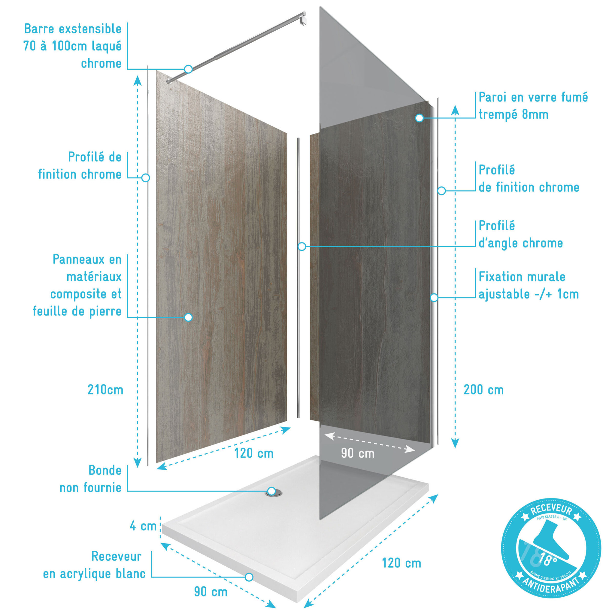 Pack panneaux muraux Wood Stone + paroi FREEDOM 2 FUMEE + receveur WHITNESS