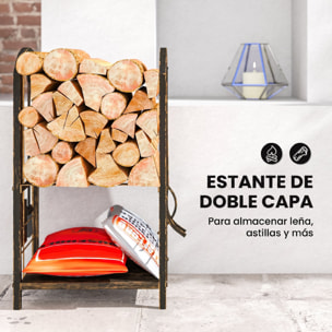 Outsunny Estante de Leña de Metal, Leñero Exterior de 2 Niveles con 4 Herramientas para Chimenea y Ganchos, Soporte para Leña de Chimenea para Interior y Exterior, Carga 100 kg, 43x30x74 cm, Marrón