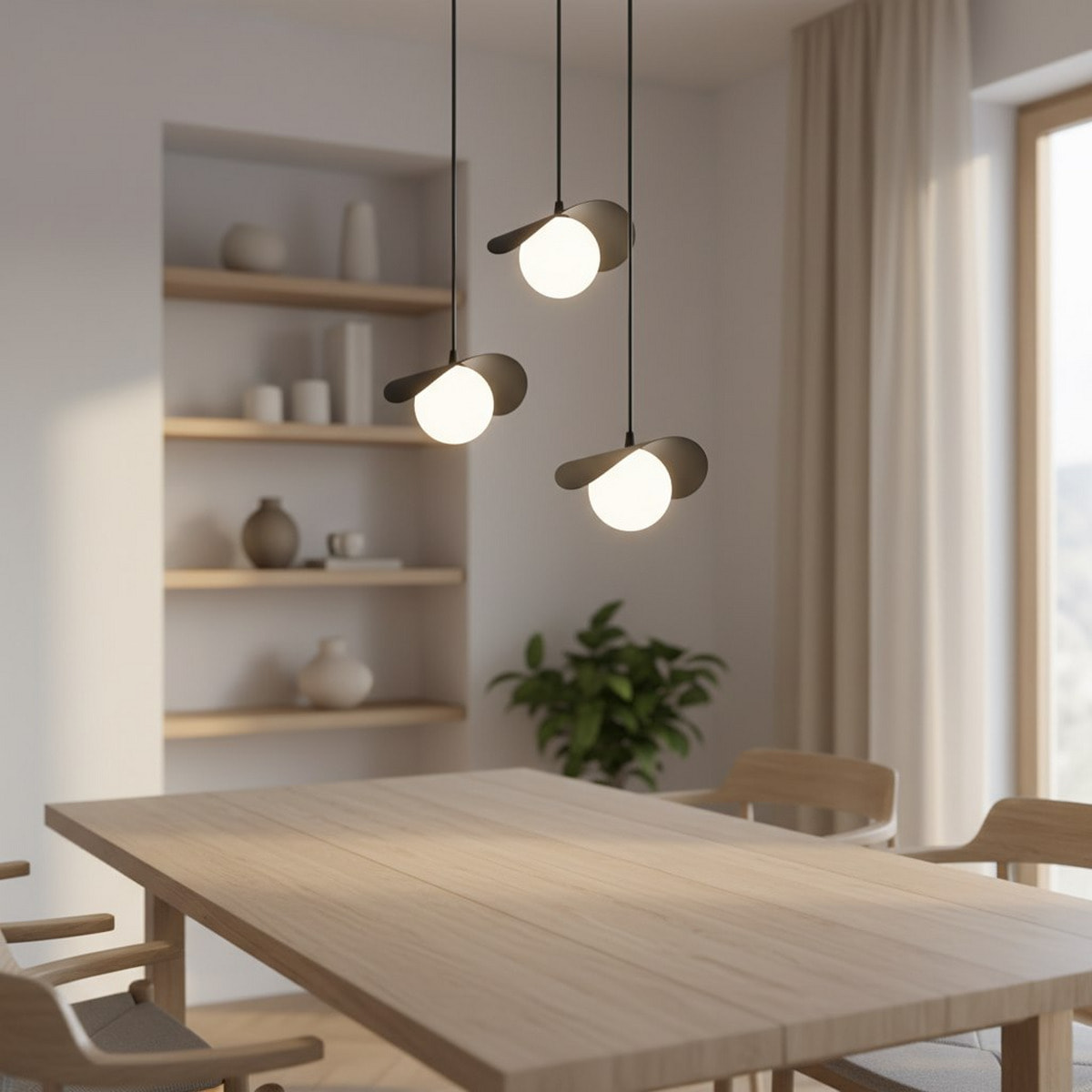 Lampada a sospensione Ritual a tre luci in acciaio nero e vetro