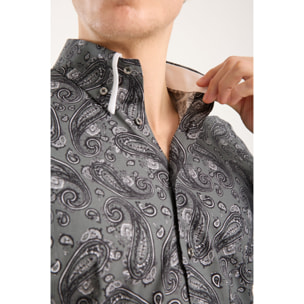 Camicia Uomo 2 Bottoni Button Down Doppio Coll Popeline Stretch Stampato Grigio Scuro/Nero