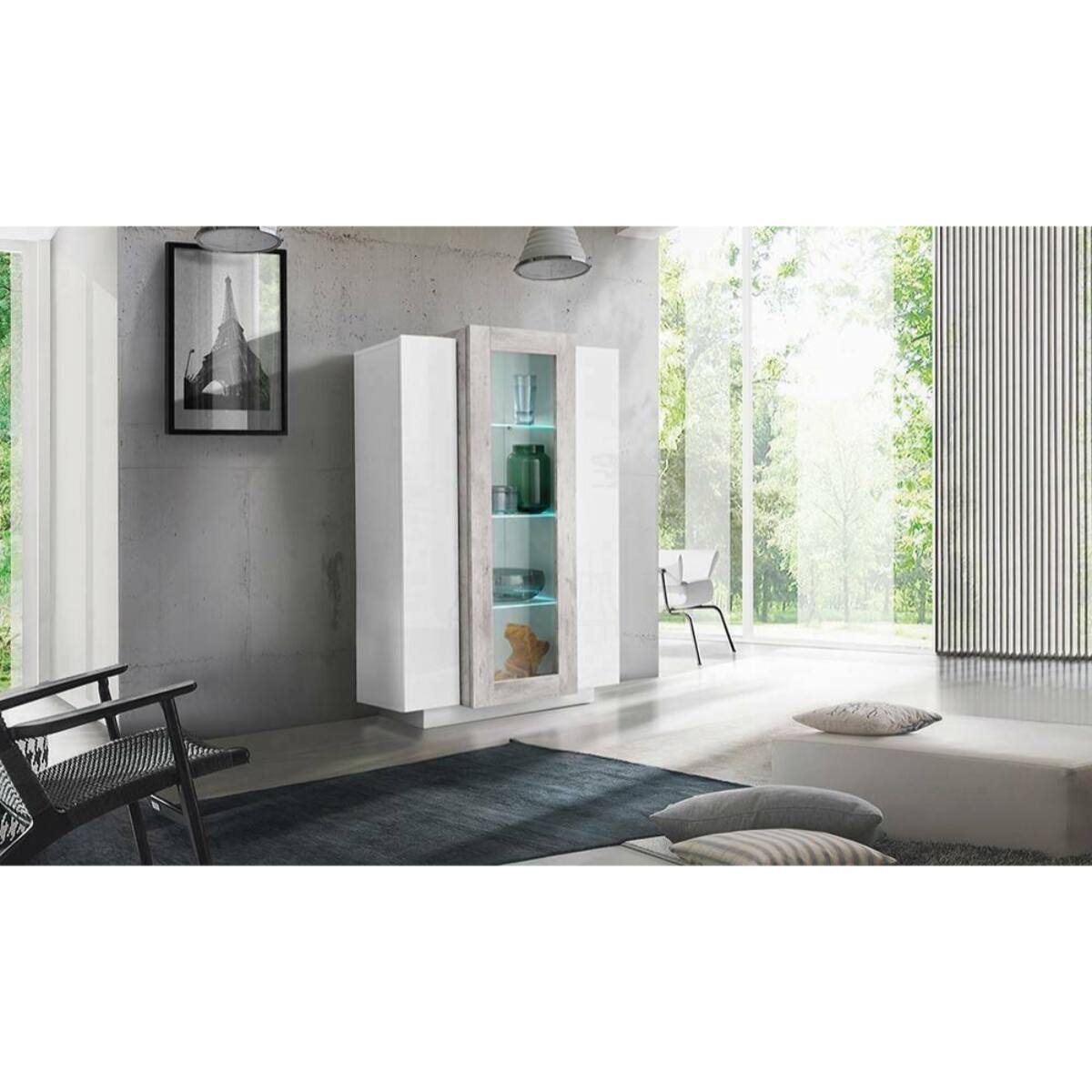 Vetrina moderna con anta a vetro, Made in Italy, Credenza con ripiani, Mobile da soggiorno, Vetrinetta, cm 80x38h121, colore Bianco lucido e Cemento