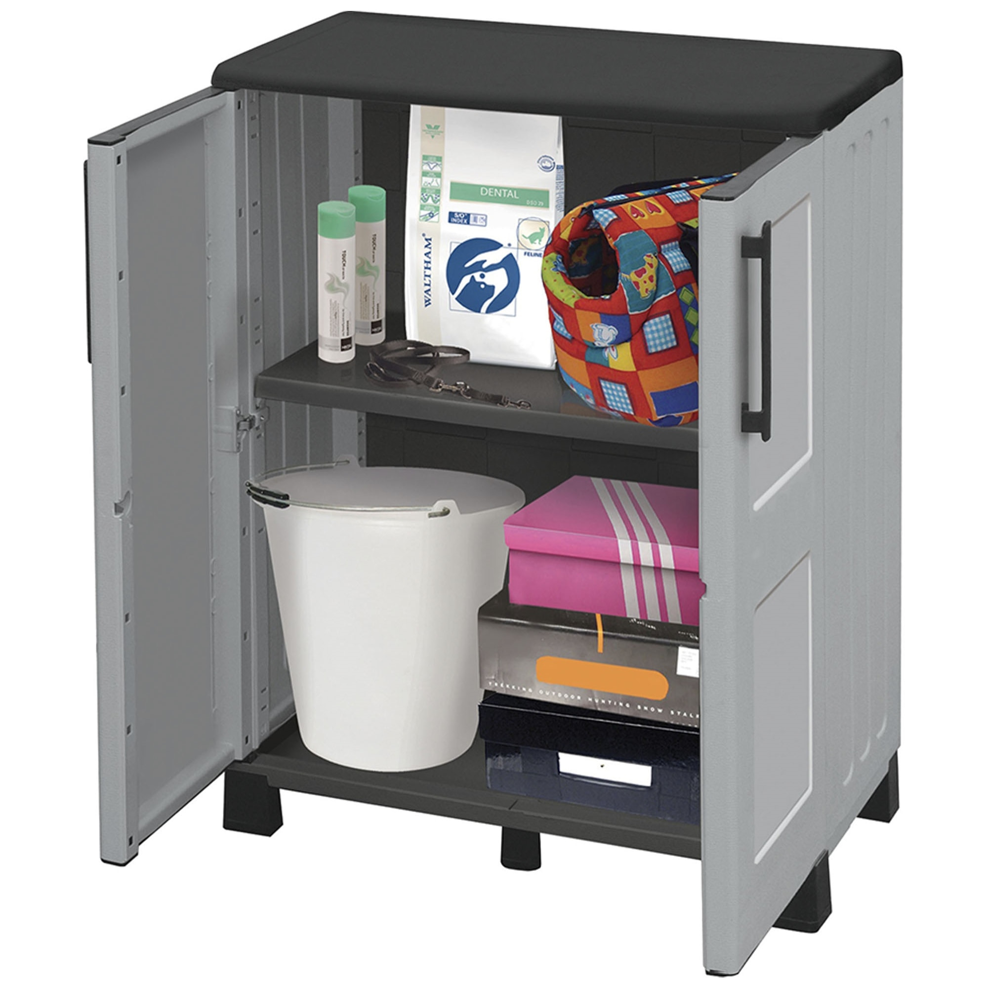 Armario de mediana altura en polipropileno, material reciclable y ecológico sostenible, está equipado con bisagras de acero, estante ajustable y los p