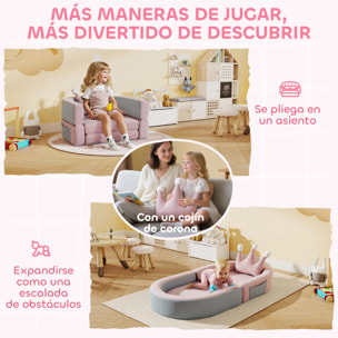 Sofá Infantil Convertible, Sofá para Niños con Cojín de Corona, Plegable en Cama y Zona de Juego, Tapizado de Terciopelo Suave, para Niños 18-36 Meses, Rosa y Azul Grisáceo
