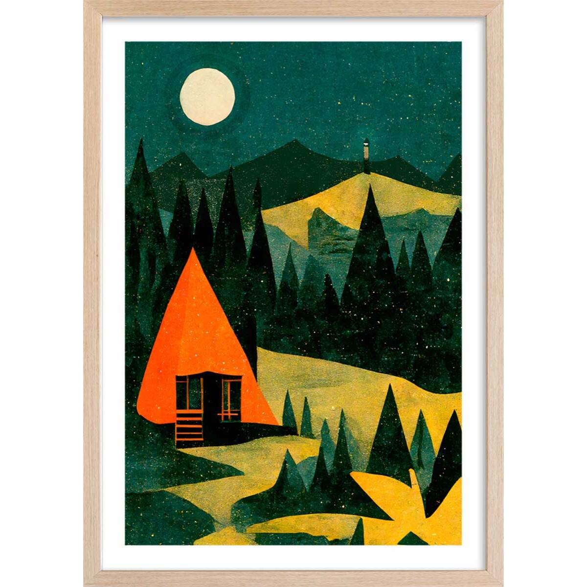 Affiche enfant cabane dans la forêt  Affiche + cadre en bois - Chêne