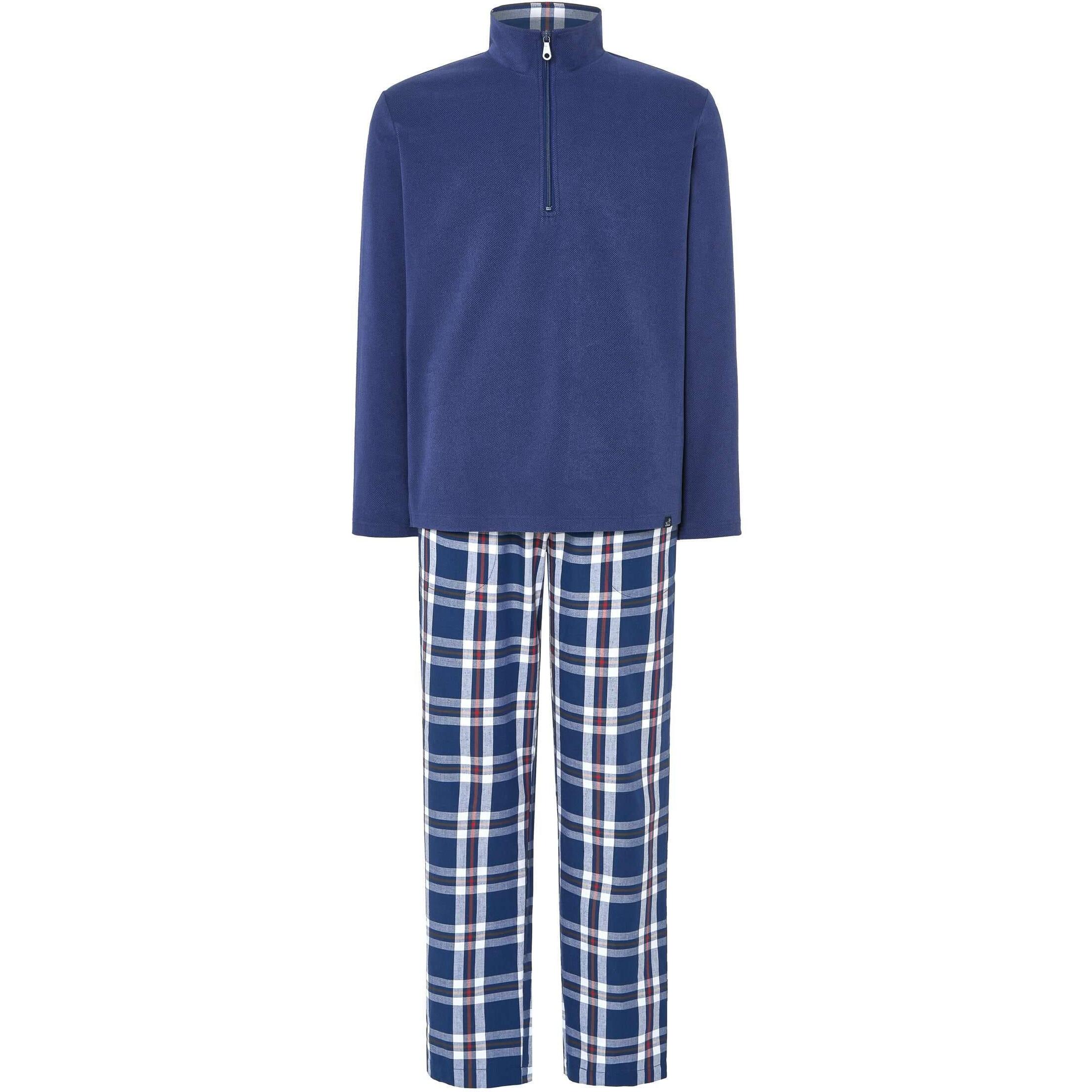 Pijama hombre parte superior tejido liso, abierto con cremallera, manga larga y pantalón largo estampado y bolsillos laterales