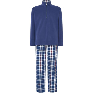 Pijama hombre parte superior tejido liso, abierto con cremallera, manga larga y pantalón largo estampado y bolsillos laterales