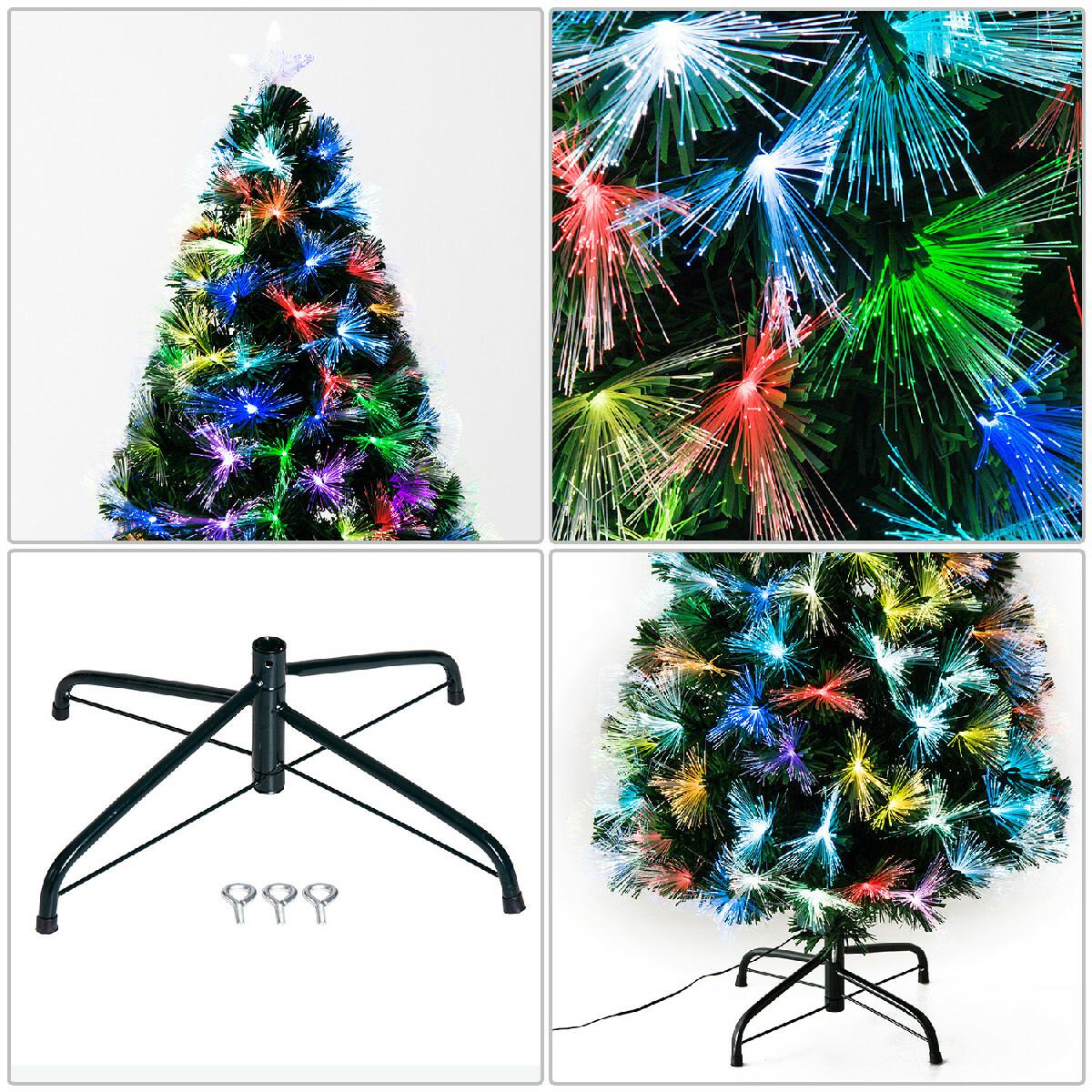 Sapin de Noël artificiel lumineux fibre optique LED multicolore + support pied Ø 66 x 120H cm 130 branches étoile sommet brillante vert