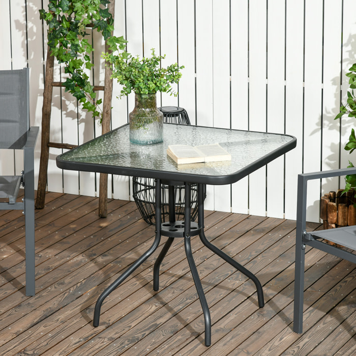 Mesa de Jardín Cuadrada Mesa de Comedor Exterior 76x76x72 cm con Agujero para Sombrilla y Encimera de Vidrio Templado para Patio Terraza Negro
