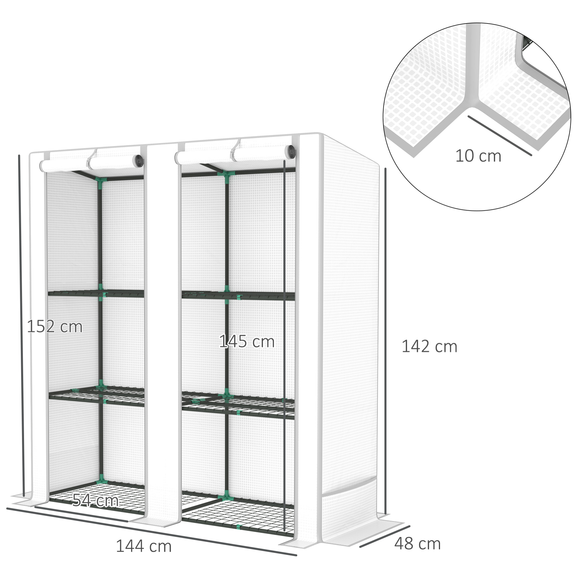 Invernadero de Exterior con Techo Inclinado Invernadero Pequeño con 3 Estantes 2 Puertas Enrollables Cubierta de PE y Marco de Acero para Cultivos Plantas Flores 144x48x152 cm Blanco