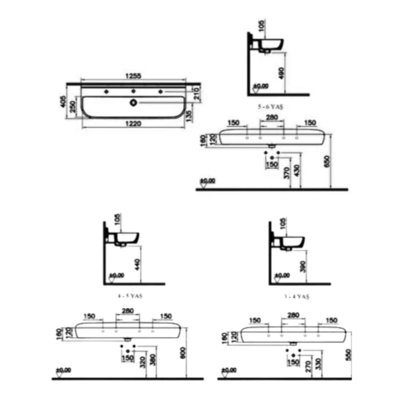 Lavabo pour enfant Sento Kids 125 cm avec trop-plein