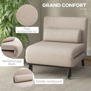 Fauteuil convertible 3 en 1 chauffeuse lit avec coussin beige