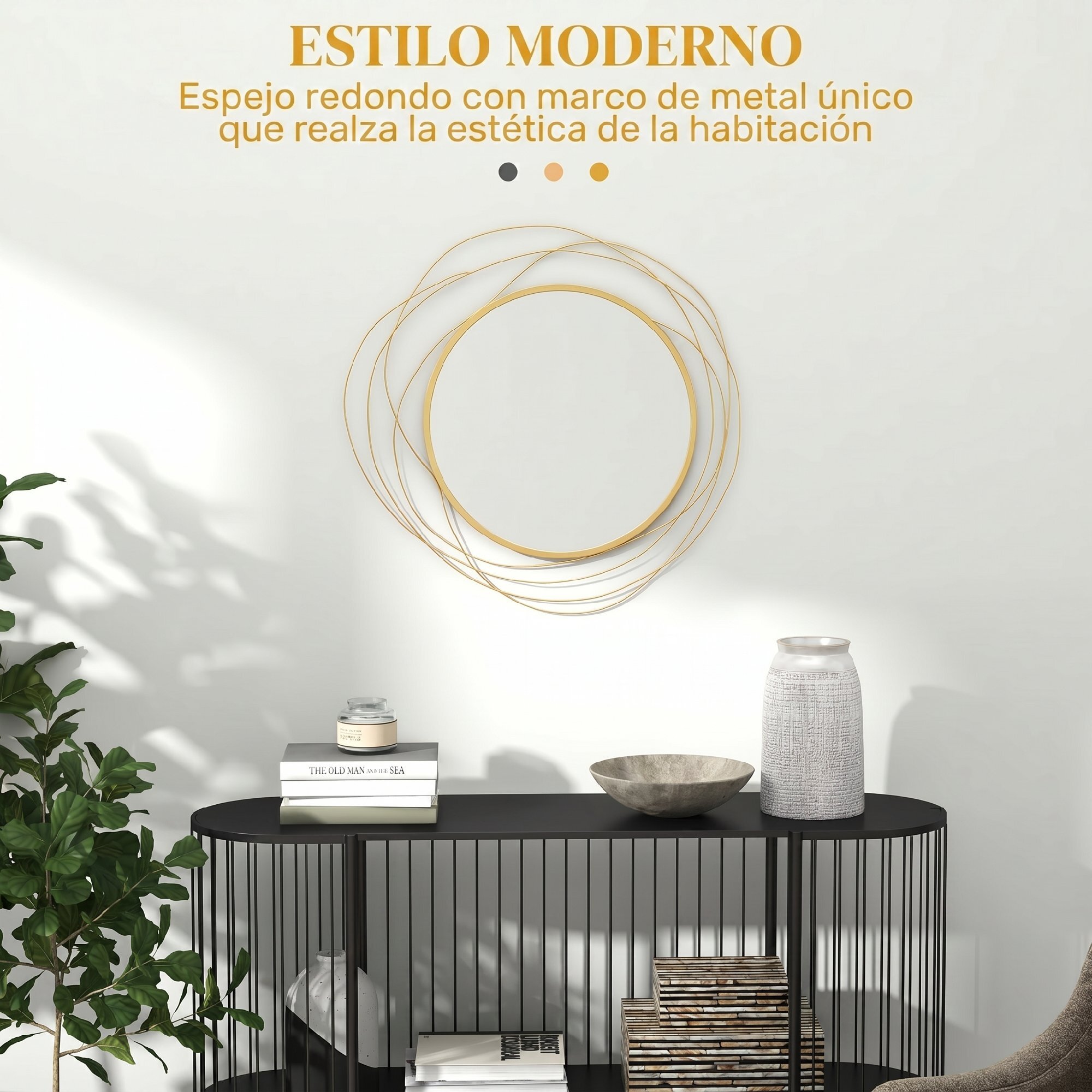 Espejo Decorativo de Pared, Adorno de Pared Metálico, Ø65 cm, con Ganchos, para Salón, Dormitorio, Pasillo, Dorado