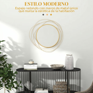 Espejo Decorativo de Pared, Adorno de Pared Metálico, Ø65 cm, con Ganchos, para Salón, Dormitorio, Pasillo, Dorado
