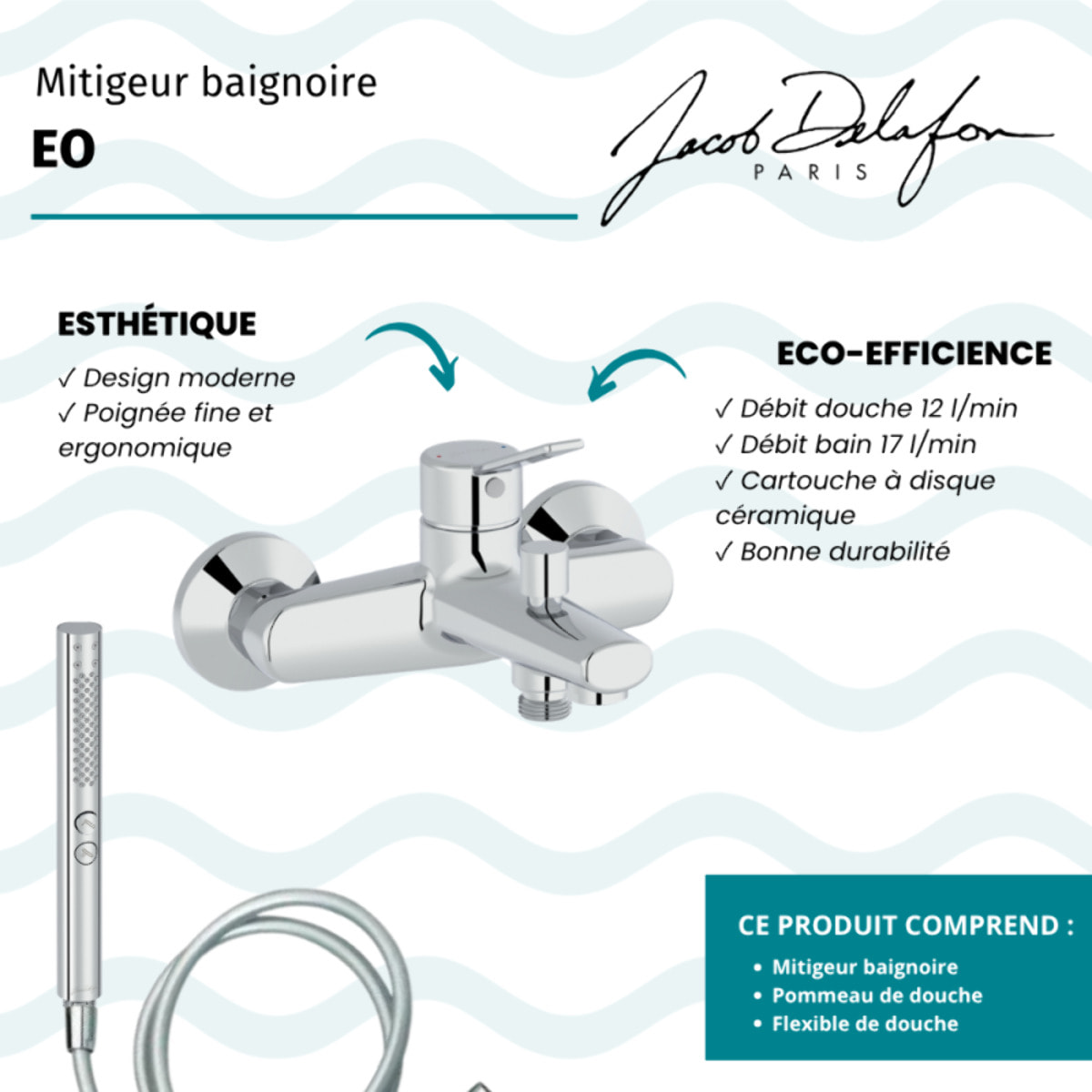 Mitigeur baignoire Eo + pommeau de douche Shift+ rond + flexible de douche lisse