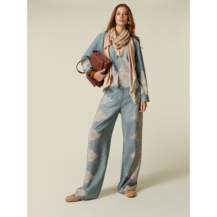 Oltre - Pantaloni palazzo effetto denim con pizzo - Azzurro