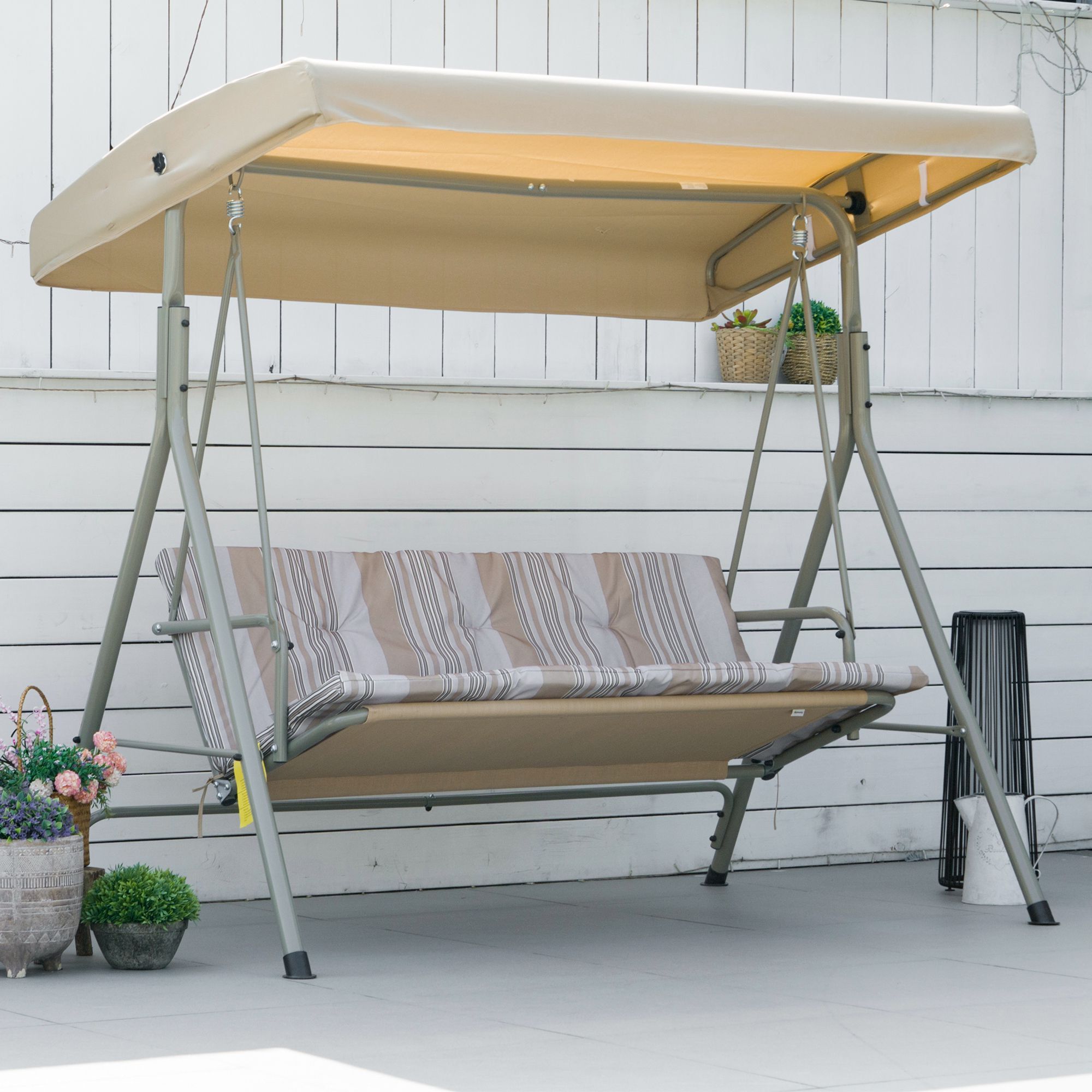 Balancelle de Jardin 3 Places Grand Confort Toit Inclinaison réglable épais Coussins Amovibles Polyester Acier époxy marron clair