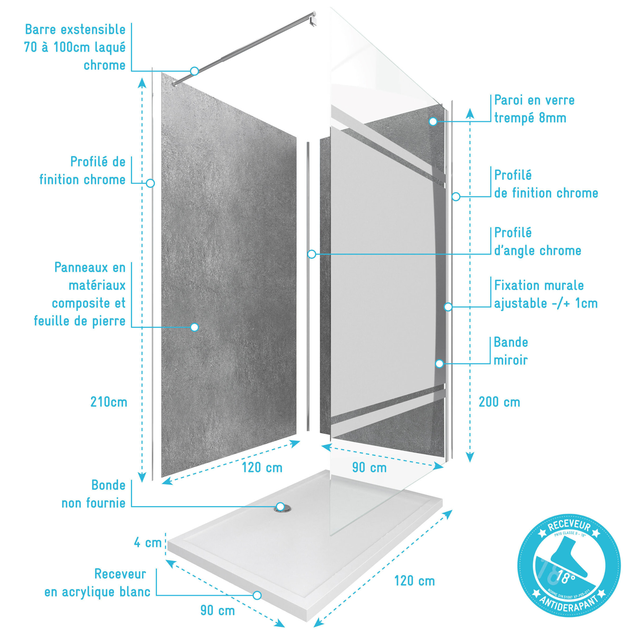 Ensemble complet douche à l'Italiennne avec Receveur 120x90 + Paroi miroir + Panneaux muraux