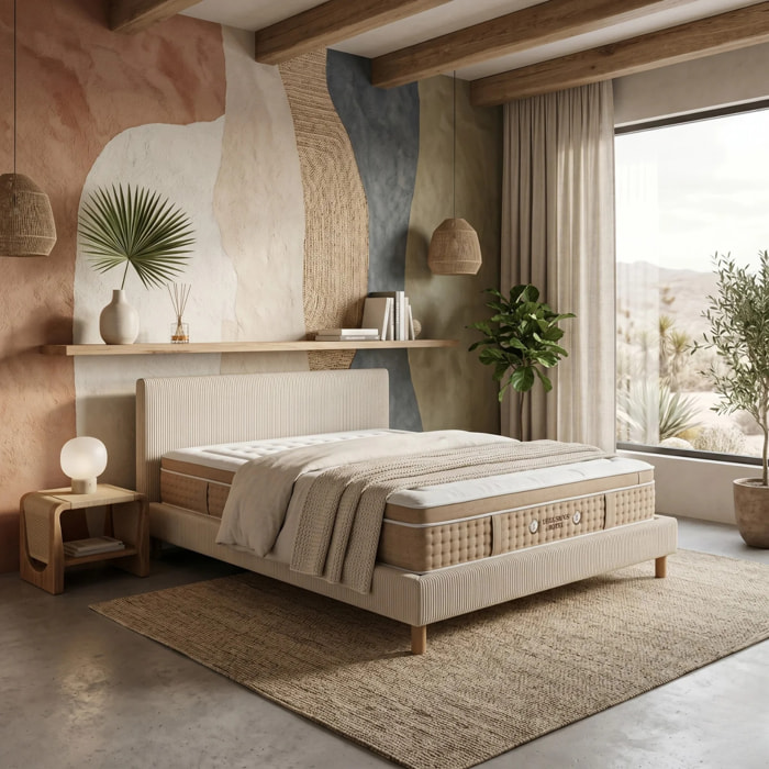 Ensemble matelas Bali & lit fixe Colisée | Mémoire de forme et ressorts ensachés | cadre à lattes | Velours côtelé | Gris clair