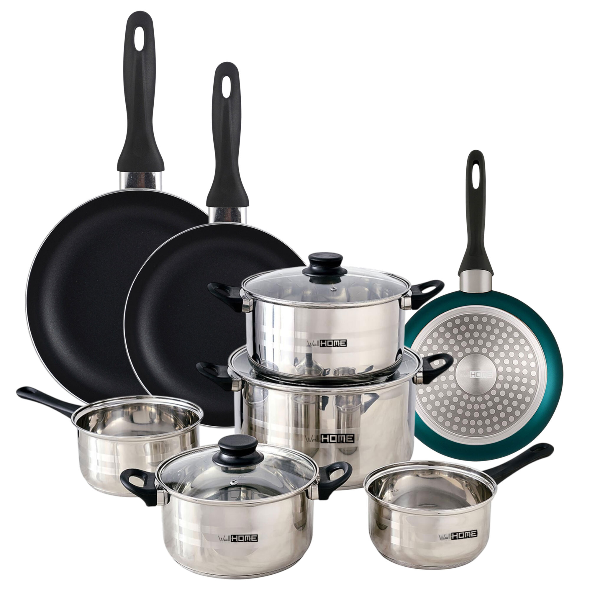 set de batería de cocina de 8pc en acero inoxidable + 3 sartenes ø16ø20ø24cm azul metalizado en aluminio prensado