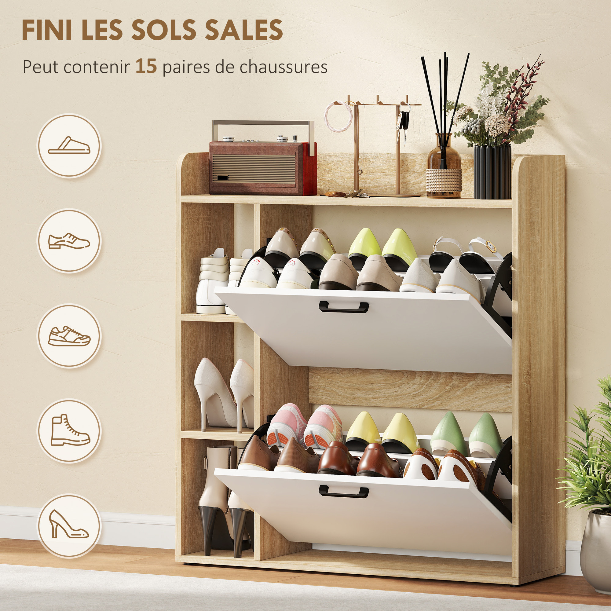 Meuble à chaussures 2 portes étagères 4 niches blanc naturel