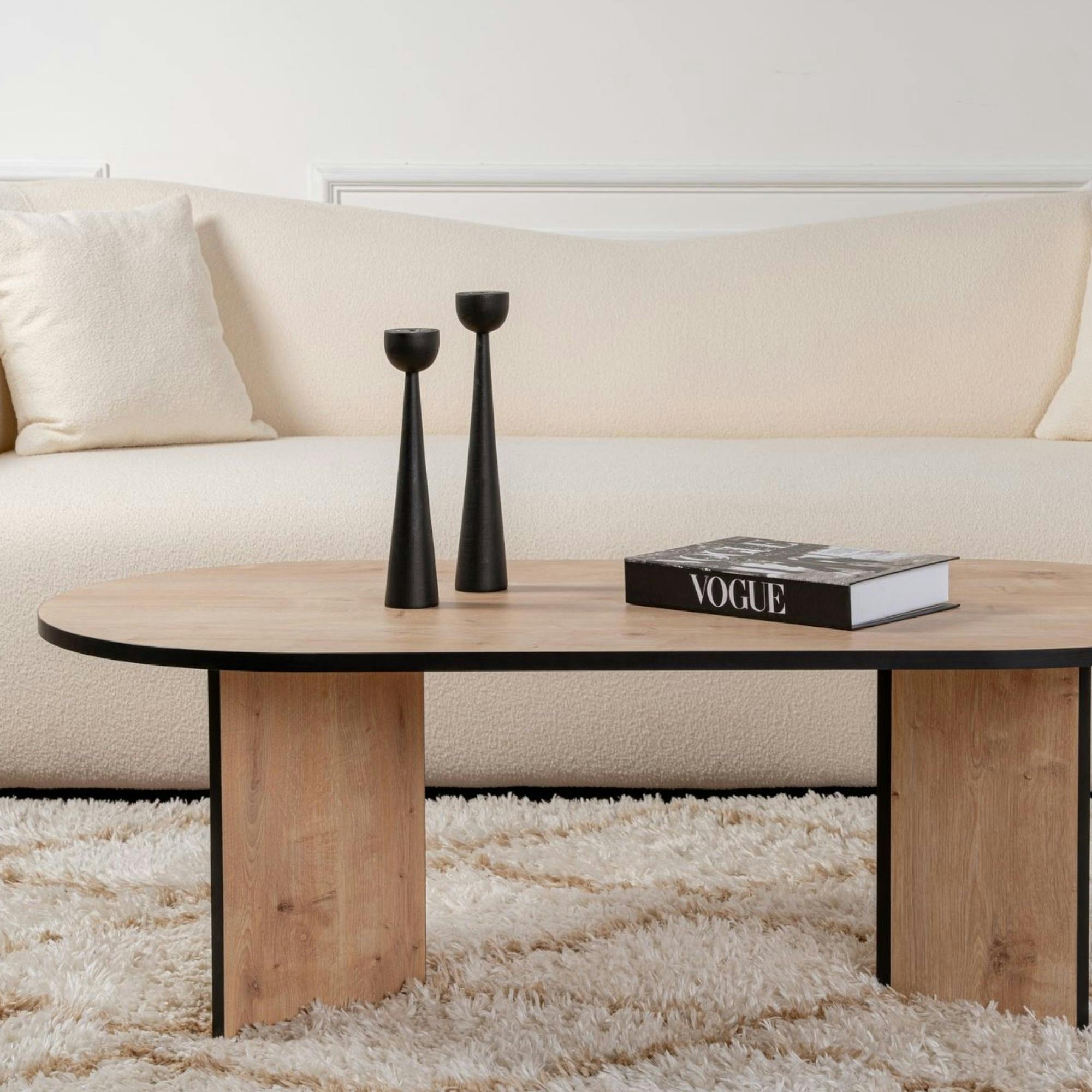 Table basse ovale effet bois & fini noir - pieds en V MARFA