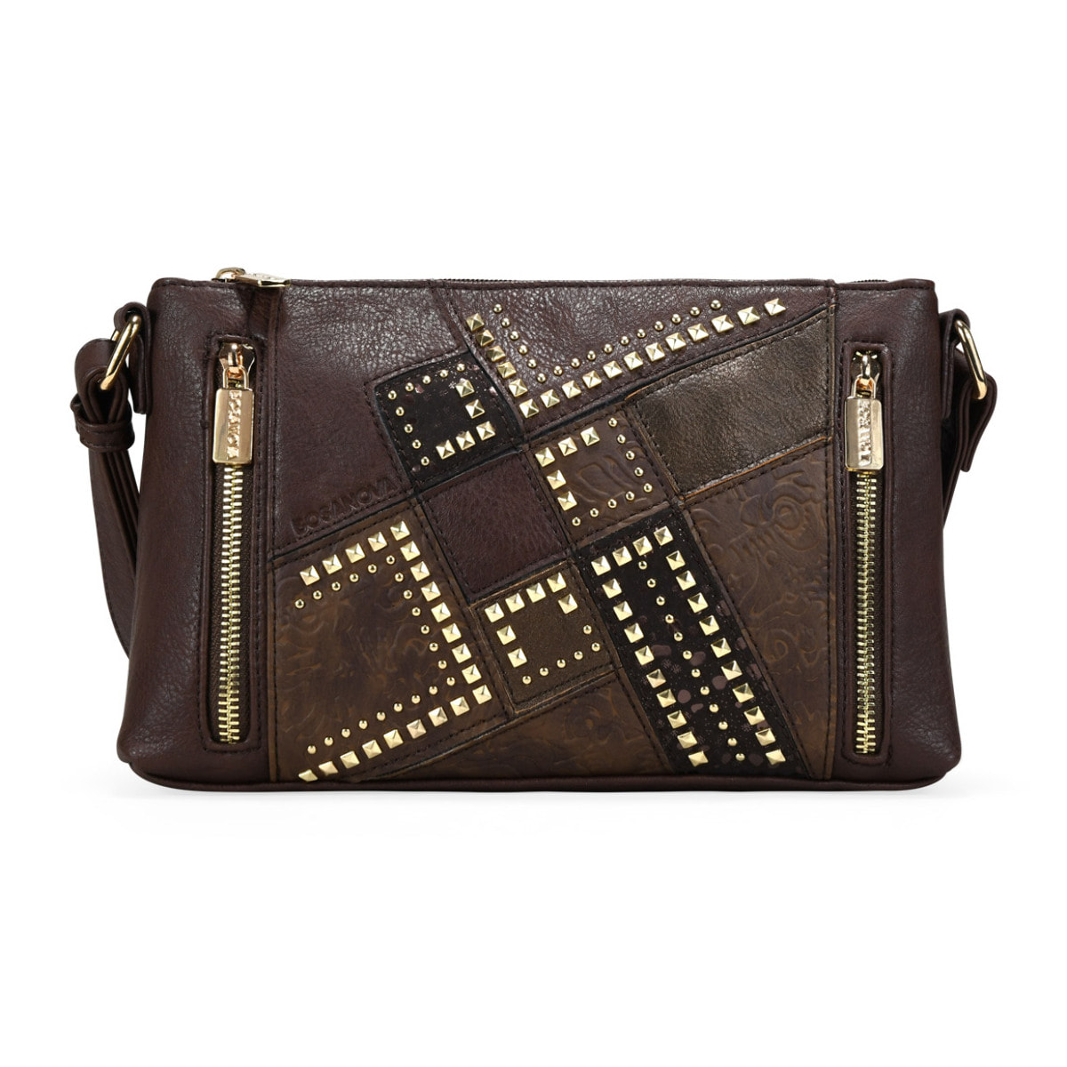 Bolso bandolera marrón con cremalleras y tachas