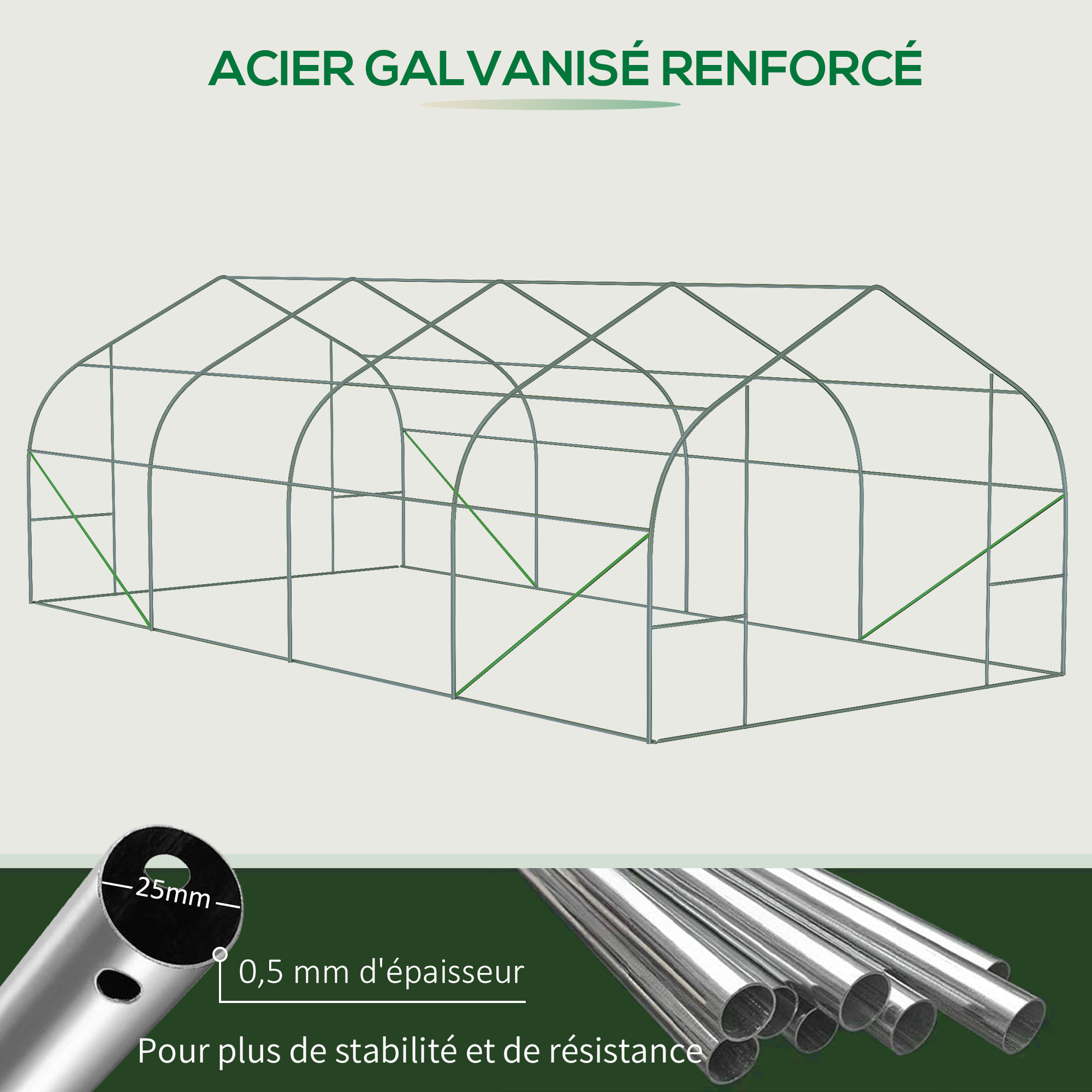 Serre tunnel grande taille 17,85 m² châssis tubulaire acier galvanisé renforcé 2,4 cm 8 fenêtres 1 porte vert