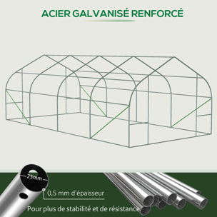 Serre tunnel grande taille 17,85 m² châssis tubulaire acier galvanisé renforcé 2,4 cm 8 fenêtres 1 porte vert