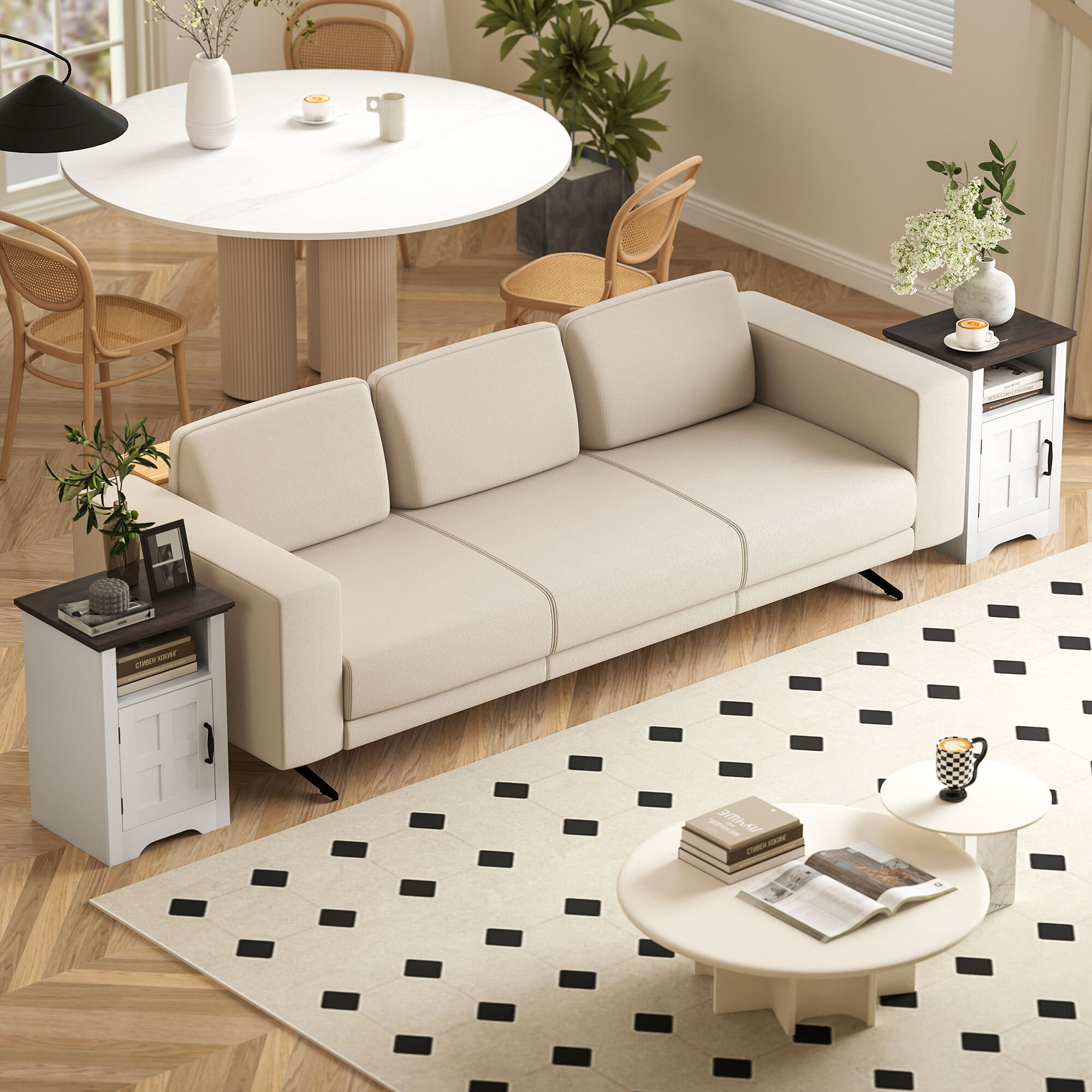 Juego de 2 Mesas Auxiliares para Salón Mesitas de Noche con Puerta Estilo Granero y Estante Abierto Mesas de Centro Pequeñas Rústicas para Dormitorio 40x35x60 cm Blanco