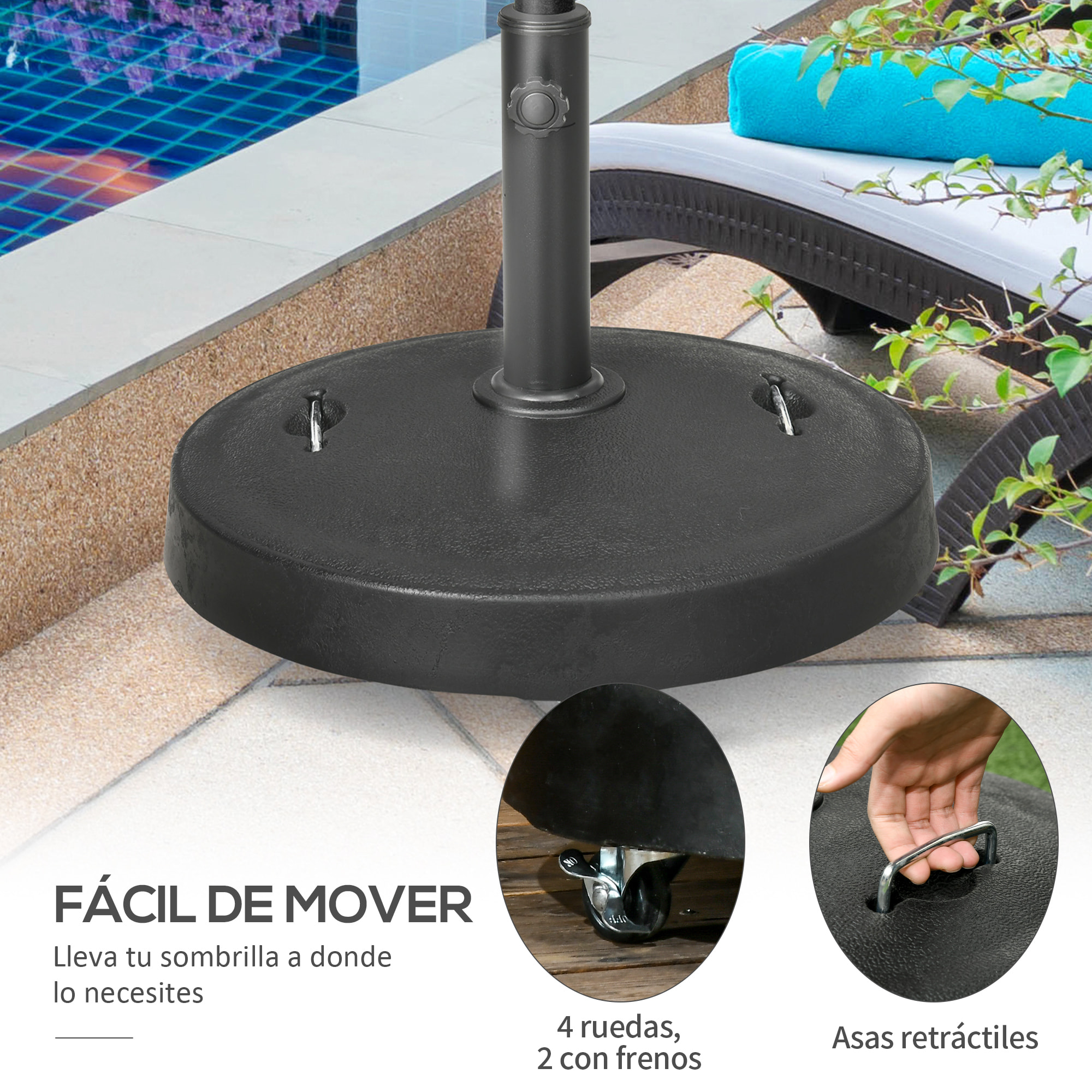 Base de Sombrilla de Jardín de Resina de 25 kg con Ruedas y Asa Retráctil Soporte de Parasol Cuadrado para Postes de Ø38/48 mm para Terraza Patio Ø53x41 cm Negro
